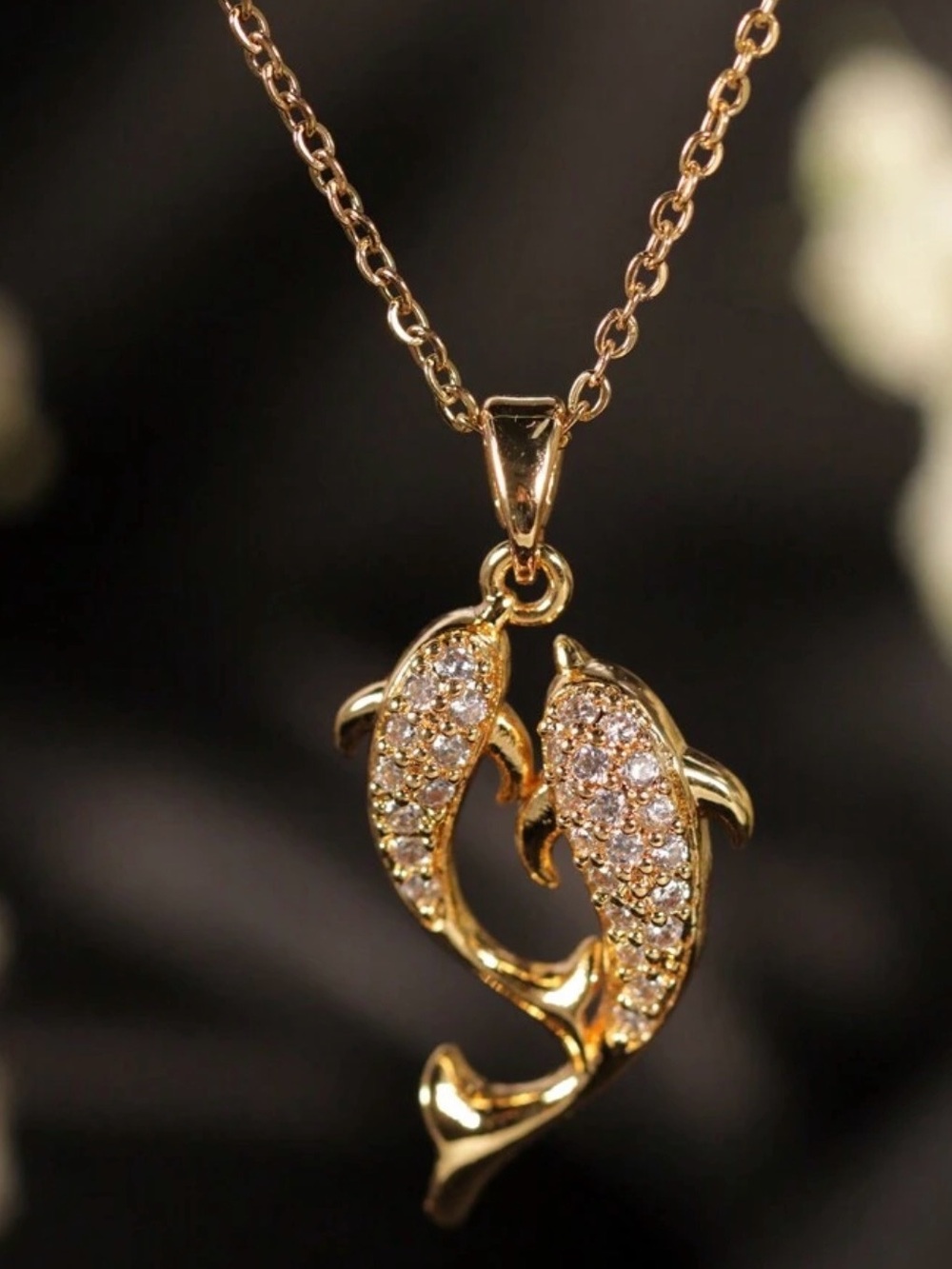 Gold Dolphins Pendant Necklace with Crystal Accents - Women Jewelry